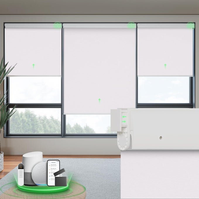 MOTORIZED BLINDS WITH REMOTE BLACKOUT NO DRILL CORDLESS SMART ROLLER SHADES AUTOMATIC BLINDS FOR WINDOWS WHITE28 W X 72 H