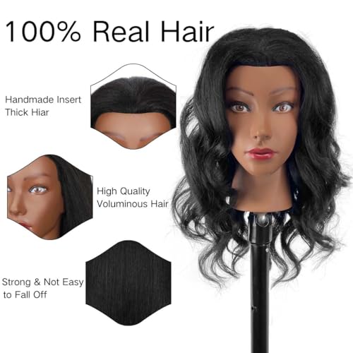 MQHIHI Mannequin Head Human Hair 100 Real Hair Cosmetology Manikin Doll Head for Hairdresser Practice Braiding with Free Clamp Holder and Tools 16 Inch - Image 3