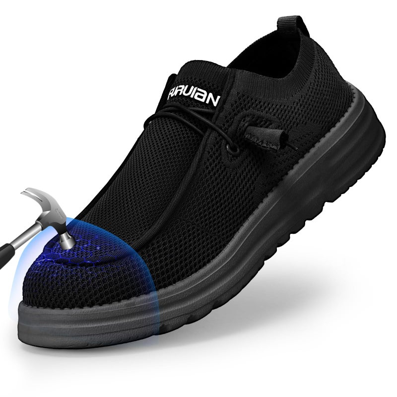 Furuian Slip On Steel Toe Shoes for Men Safety Steel Toe Loafers Comfortable Mens Slip On Work Shoes Lightweight Work Safety Footwear Black - Image 1