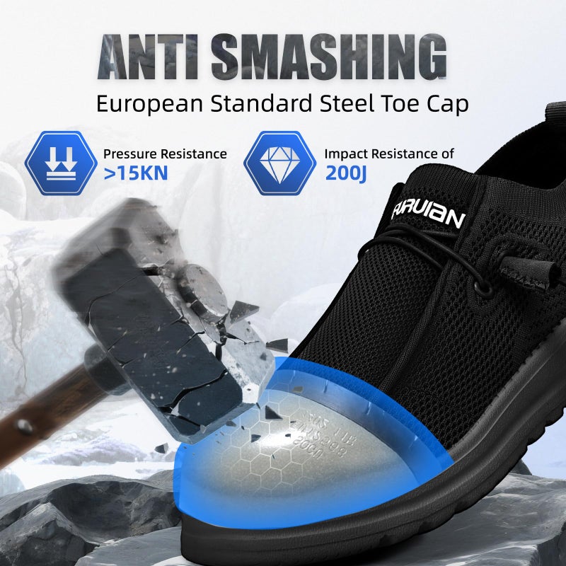 Furuian Slip On Steel Toe Shoes for Men Safety Steel Toe Loafers Comfortable Mens Slip On Work Shoes Lightweight Work Safety Footwear Black - Image 2