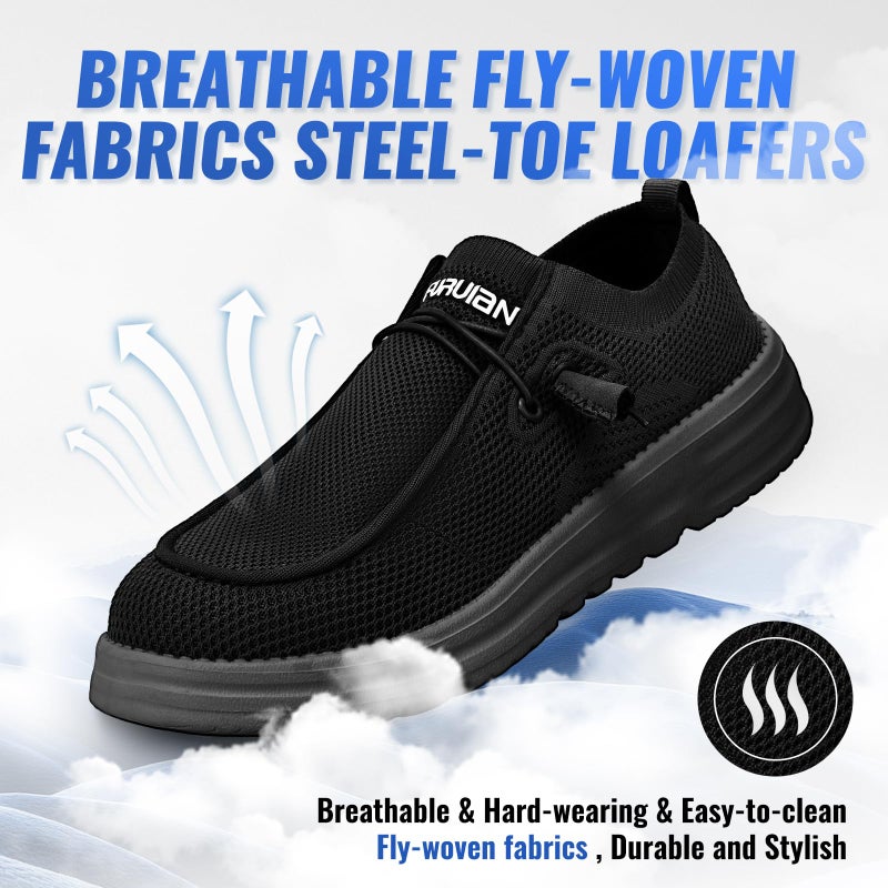 Furuian Slip On Steel Toe Shoes for Men Safety Steel Toe Loafers Comfortable Mens Slip On Work Shoes Lightweight Work Safety Footwear Black - Image 4