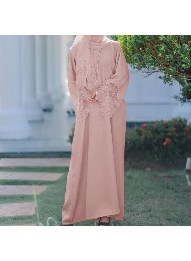 2Pcs-Women's Robe Dress Solid Color Floral Embroidery Lace Edge With Same Headscarf - Image 3
