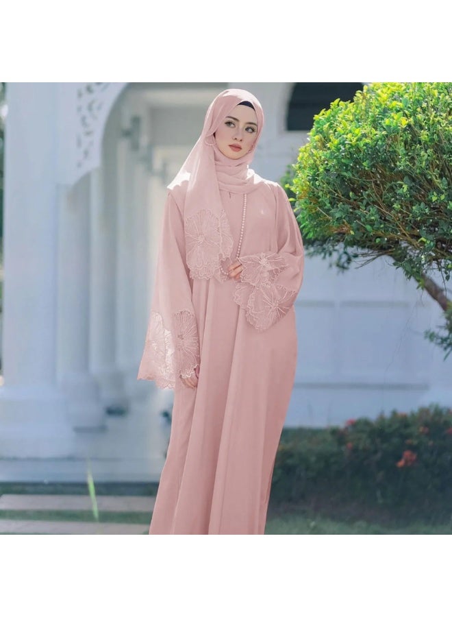 2Pcs-Women's Robe Dress Solid Color Floral Embroidery Lace Edge With Same Headscarf - Image 2