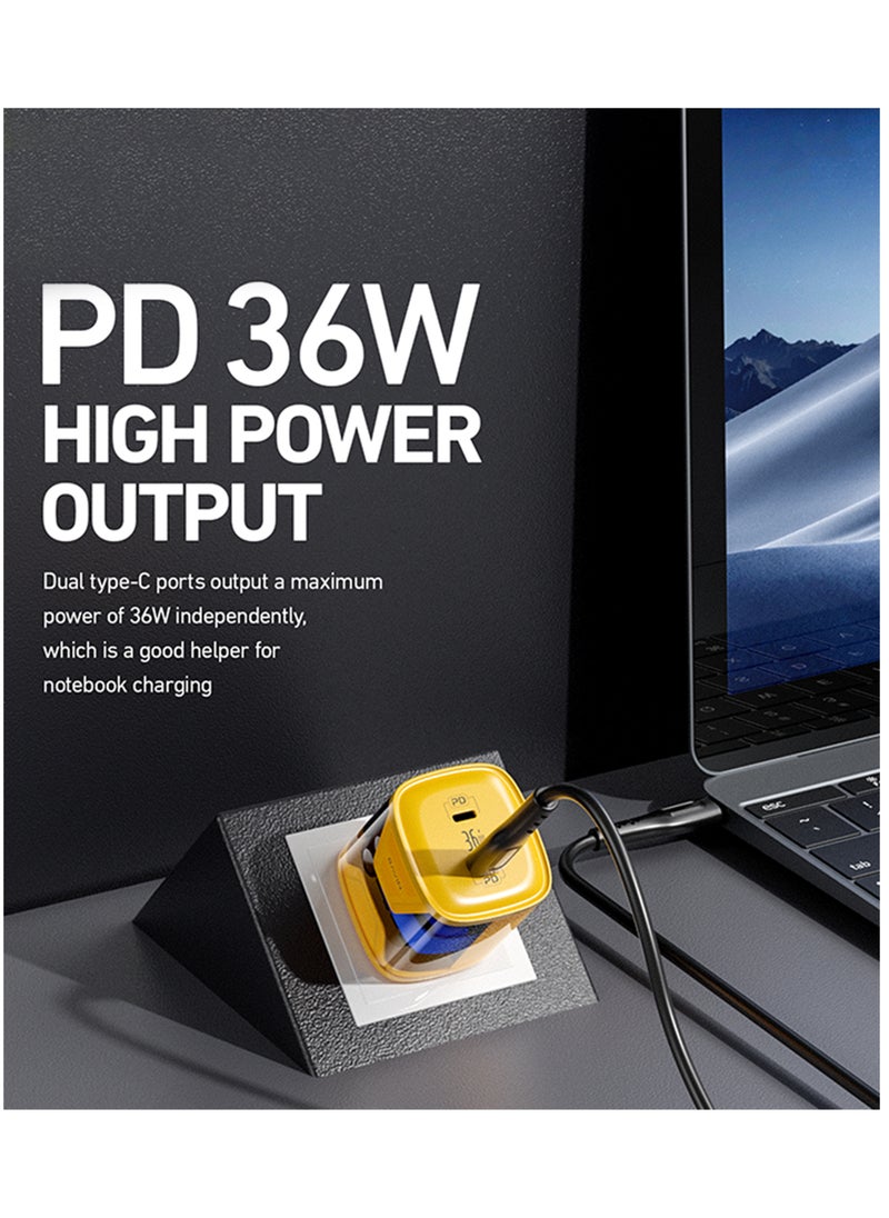 Bavin 36W Quick Charge 3.0 with TYPE C/USB Dual Ports with PD Fast Charging compatible with iPhone 15 14 13 12 11 Samsung S24 S23 S22 S21 S23FE- YELLOW