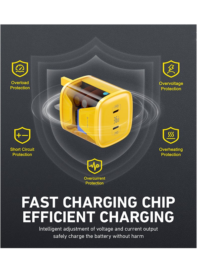 Bavin 36W Quick Charge 3.0 with TYPE C/USB Dual Ports with PD Fast Charging compatible with iPhone 15 14 13 12 11 Samsung S24 S23 S22 S21 S23FE- YELLOW