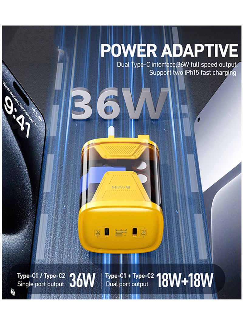 Bavin 36W Quick Charge 3.0 with TYPE C/USB Dual Ports with PD Fast Charging compatible with iPhone 15 14 13 12 11 Samsung S24 S23 S22 S21 S23FE- YELLOW