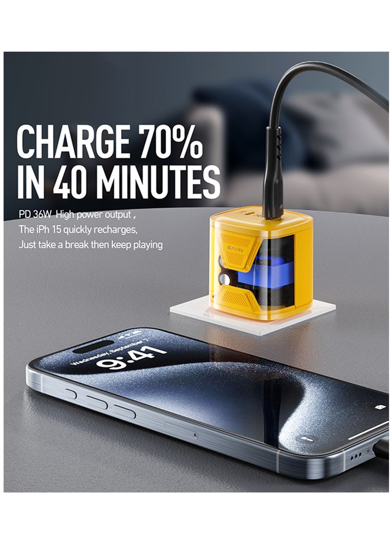 Bavin 36W Quick Charge 3.0 with TYPE C/USB Dual Ports with PD Fast Charging compatible with iPhone 15 14 13 12 11 Samsung S24 S23 S22 S21 S23FE- YELLOW