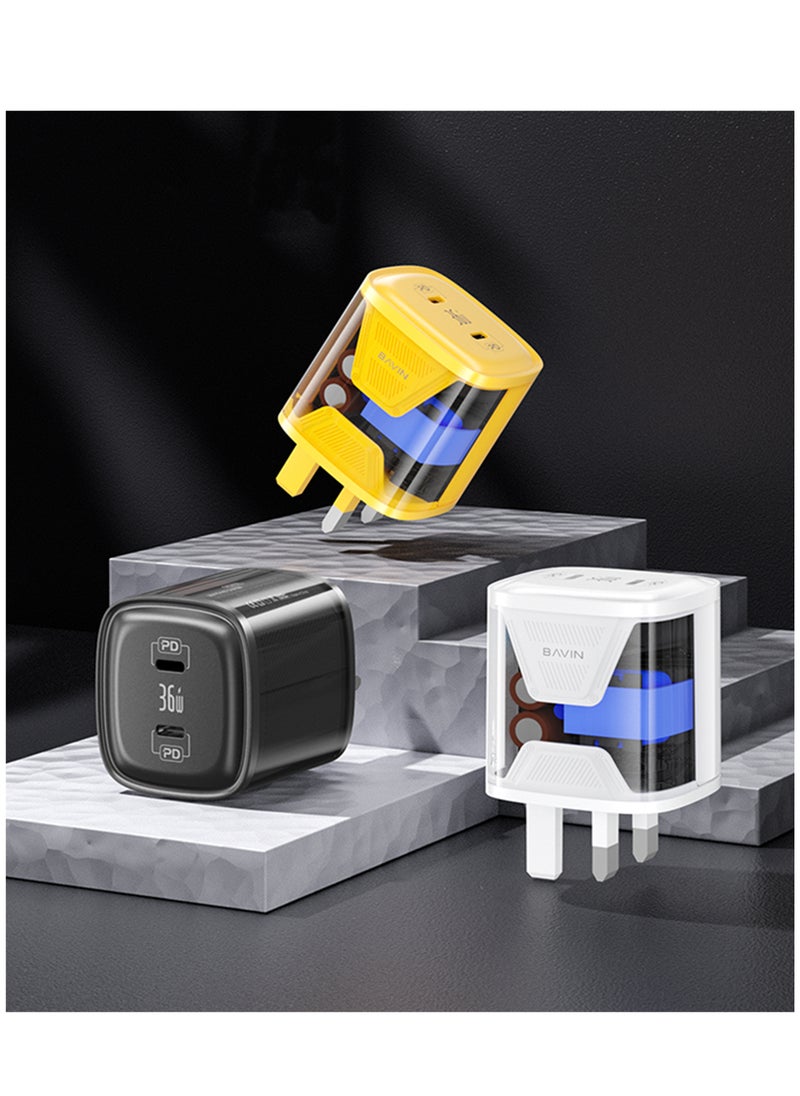 Bavin 36W Quick Charge 3.0 with TYPE C/USB Dual Ports with PD Fast Charging compatible with iPhone 15 14 13 12 11 Samsung S24 S23 S22 S21 S23FE- YELLOW