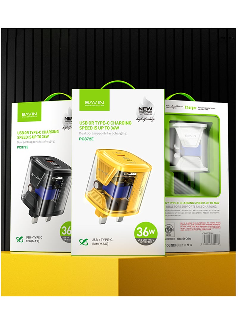 Bavin 36W Quick Charge 3.0 with TYPE C/USB Dual Ports with PD Fast Charging compatible with iPhone 15 14 13 12 11 Samsung S24 S23 S22 S21 S23FE- YELLOW