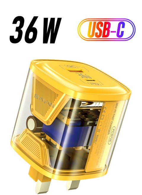 Bavin 36W Quick Charge 3.0 with TYPE C/USB Dual Ports with PD Fast Charging compatible with iPhone 15 14 13 12 11 Samsung S24 S23 S22 S21 S23FE- YELLOW