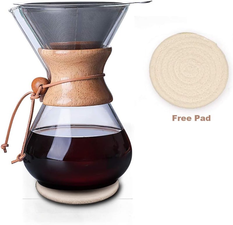 QLESHINING Wood Neck Pour Over Coffee Maker with Reusable Stainless Steel Filter and Coaster Pad, 400 ml Borosilicate Glass Coffee Carafe, Wooden Collar, Coffee Dripper Brewer, Hold 2 Cups - Image 4