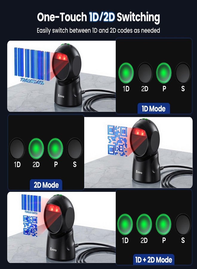 Eyoyo 2D USB Barcode Scanner, Hands-Free Desktop Automatic Omnidirectional QR Code Scanner, Wired Bar Code Reader with 1D 2D Mode Switch Button for Retail, Supermarket, Warehouse, Library, POS Systems - Image 3
