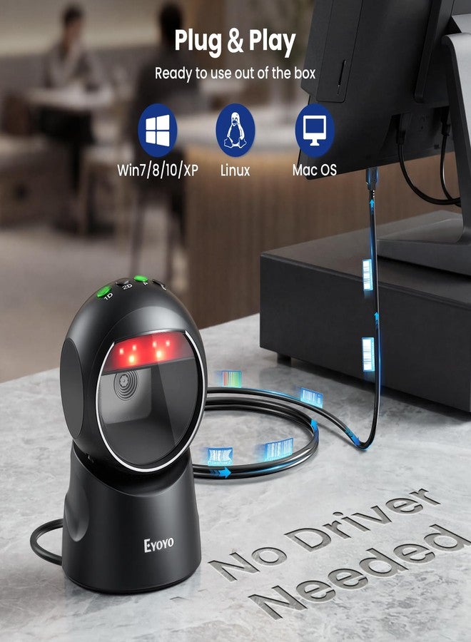 Eyoyo 2D USB Barcode Scanner, Hands-Free Desktop Automatic Omnidirectional QR Code Scanner, Wired Bar Code Reader with 1D 2D Mode Switch Button for Retail, Supermarket, Warehouse, Library, POS Systems - Image 2