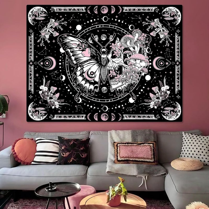 Fungarth Skeleton Butterfly Tapestry Pink Skull Hippie Mushroom Plants Tapestry for Bedroom Moon phase Aesthetic Tapestries Wall Hanging for Living Room Dorm (Pink, 48” x 36”) - Image 4
