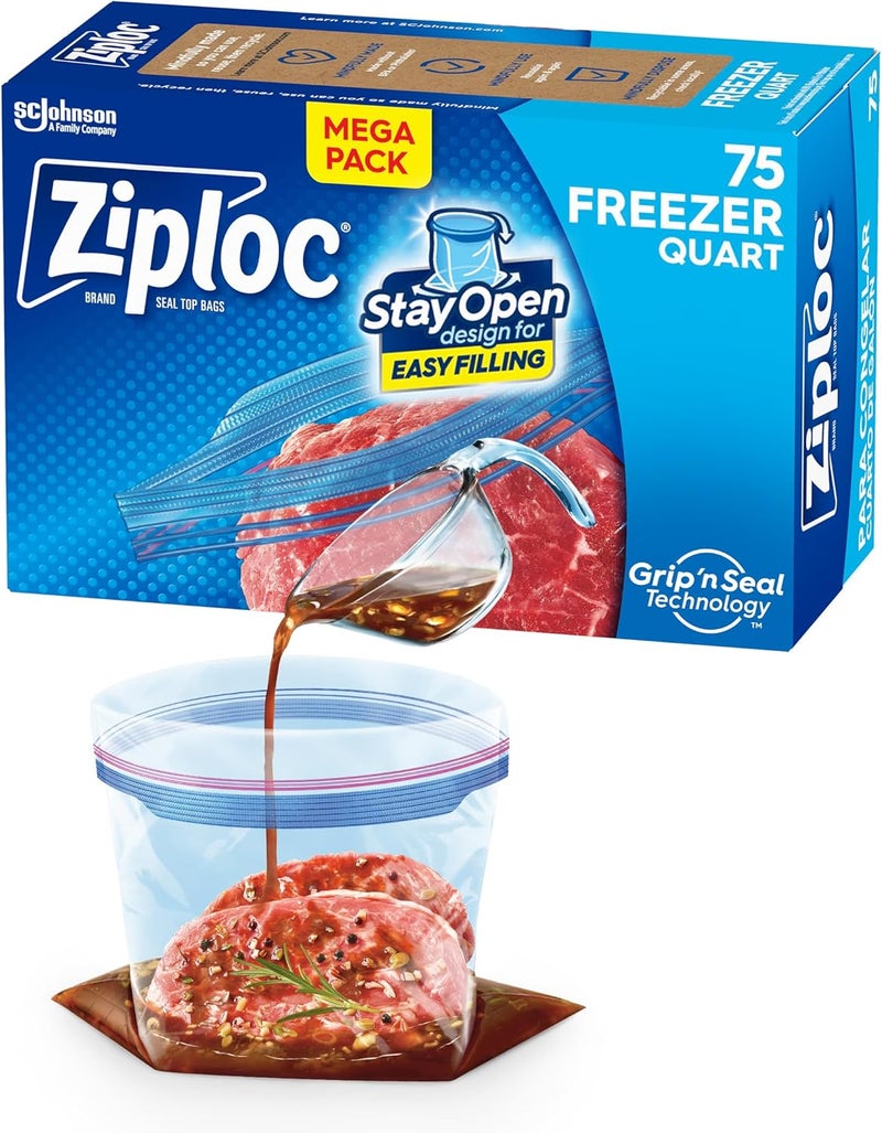 Ziploc Quart Food Storage Freezer Bags, New Stay Open Design with Stand-Up Bottom, Easy to Fill, 75 Count - Image 1