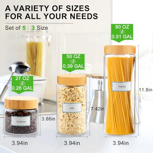 AISIPRIN Airtight Glass Jar with Lid, Glass Storage Containers with Screw On Bamboo Lids, for Cookie, Pasta, Cereal Storage Containers, 5Pcs 80oz 50oz 27oz Canisters Sets for the Kitchen - Image 2