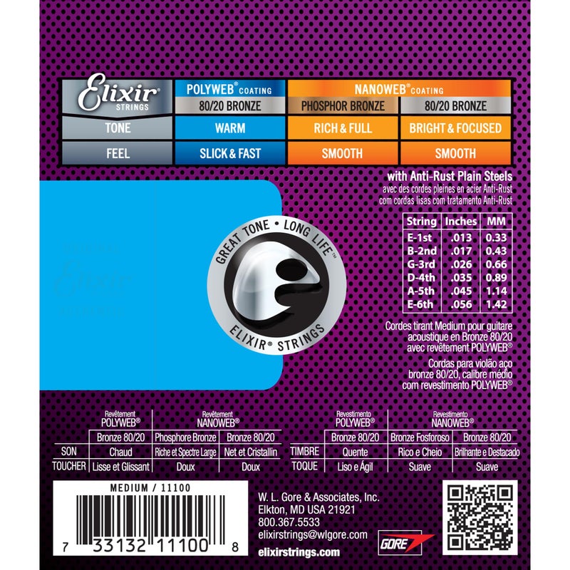 ELIXIR Elixir Strings, Acoustic Guitar Strings, 80/20 Bronze with POLYWEB Coating, Longest-Lasting Warm Tone with Comfortable Feel, 6 String Set, Medium 13-56 - Image 2