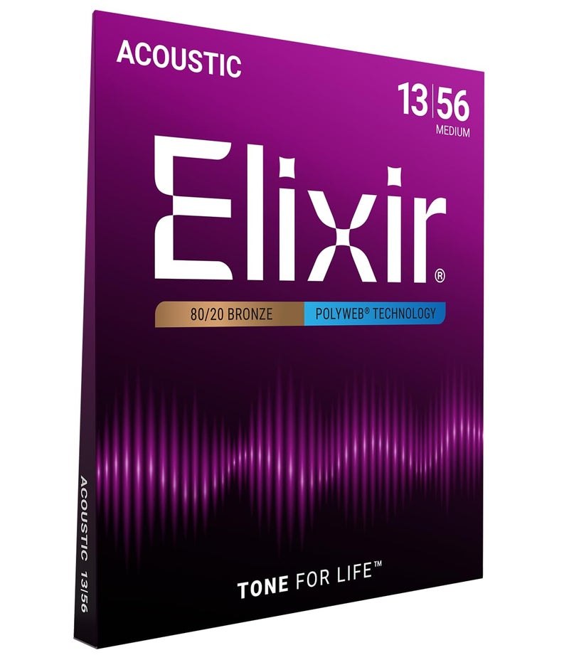 Elixir Strings, Acoustic Guitar Strings, 80/20 Bronze with POLYWEB Technology, Longest-Lasting Warm Tone with Comfortable Feel, 6 String Set, Medium 13-56 - Image 1