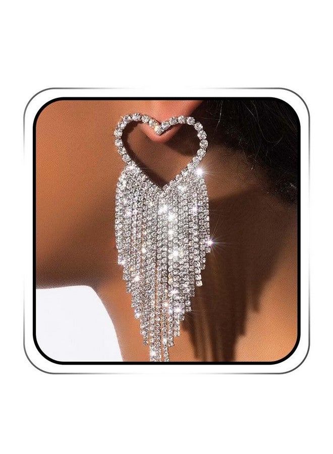 EARENT Rhinestone Tassel Earrings Silver Saprkly Crystal Dangling Earring Fashion Fringe Long Chandelier Dangle Earrings Prom Wedding Jewelry For Women (A2-Silver A2) - Image 1