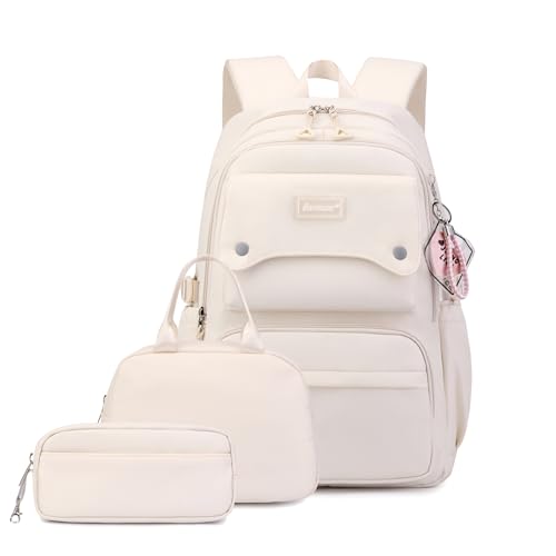 Bansusu 3Pcs Beige Girls Backpack and Lunchbox Set for School Kids, Solid Color Cream School Bag Backpack for Girls with Lunch Bag, Beige - Image 1