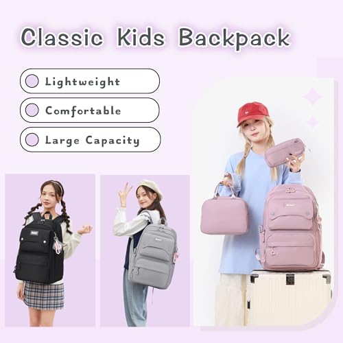 Bansusu 3Pcs Beige Girls Backpack and Lunchbox Set for School Kids, Solid Color Cream School Bag Backpack for Girls with Lunch Bag, Beige - Image 2