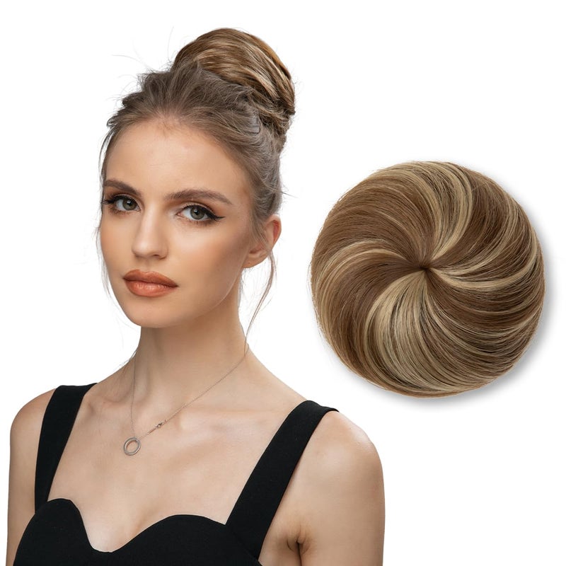 SARLA Fake Hair Bun Extensions for Women Girls Lady Synthetic Updo Drawstring Ballet Bun Hair Pieces Ash Medium Brown/Ash Blonde