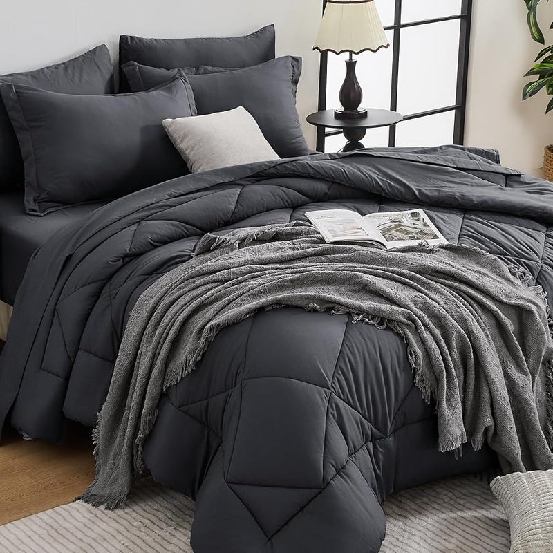 HEVUMYI 7-Piece Queen Comforter Set, Dark Gray | Reversible, All-Season, Soft, 7 Piece Set, All-Season Reversible Bed in a Bag, Flat Sheet, Fitted Sheet, Pillowcases - Image 1