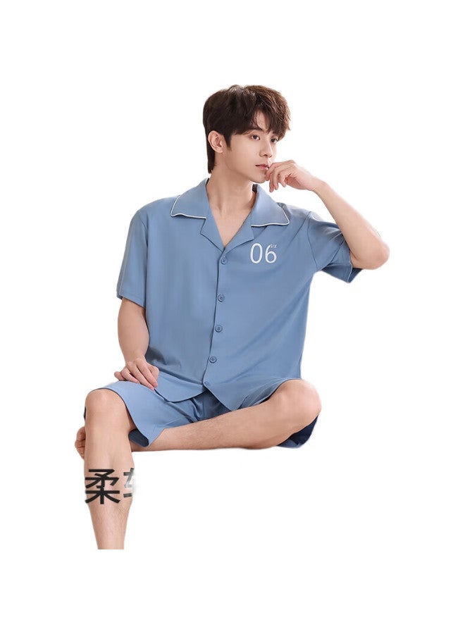 JOAE [100% Pure Cotton] High-End Men'S Pajamas, Summer Thin Short-Sleeve Cardigan, Loose Loungewear, Blue, 3Xl - Image 1