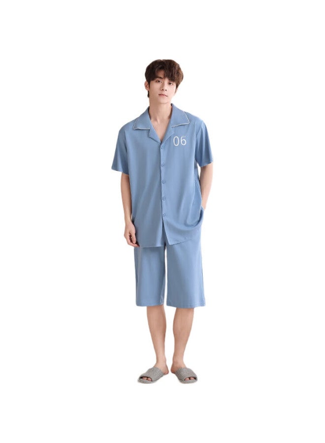 JOAE [100% Pure Cotton] High-End Men'S Pajamas, Summer Thin Short-Sleeve Cardigan, Loose Loungewear, Blue, 3Xl - Image 3