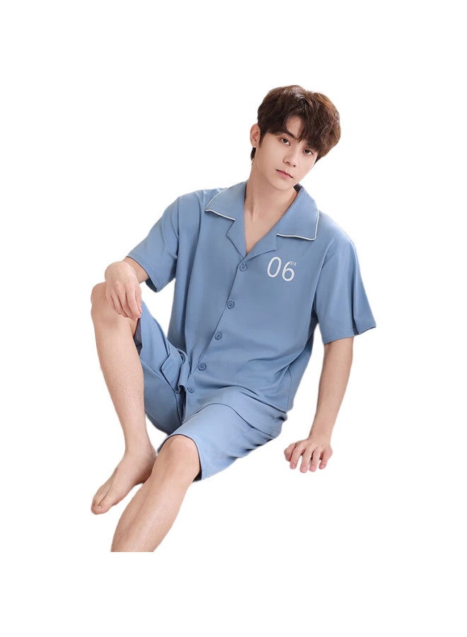 JOAE [100% Pure Cotton] High-End Men'S Pajamas, Summer Thin Short-Sleeve Cardigan, Loose Loungewear, Blue, 3Xl - Image 2