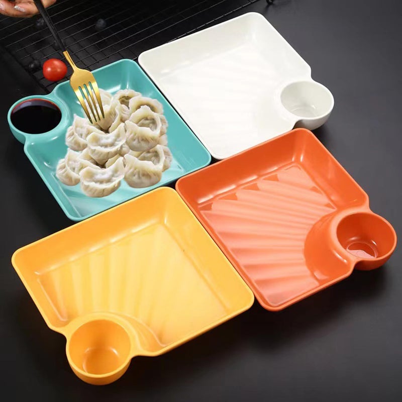 DORMICO 2pcs Plastic Dumpling Plates with Sauce Compartment Square Serving Plates with Sauce Holder Serving Platter Tray for Party (Pack of 2) - Image 2