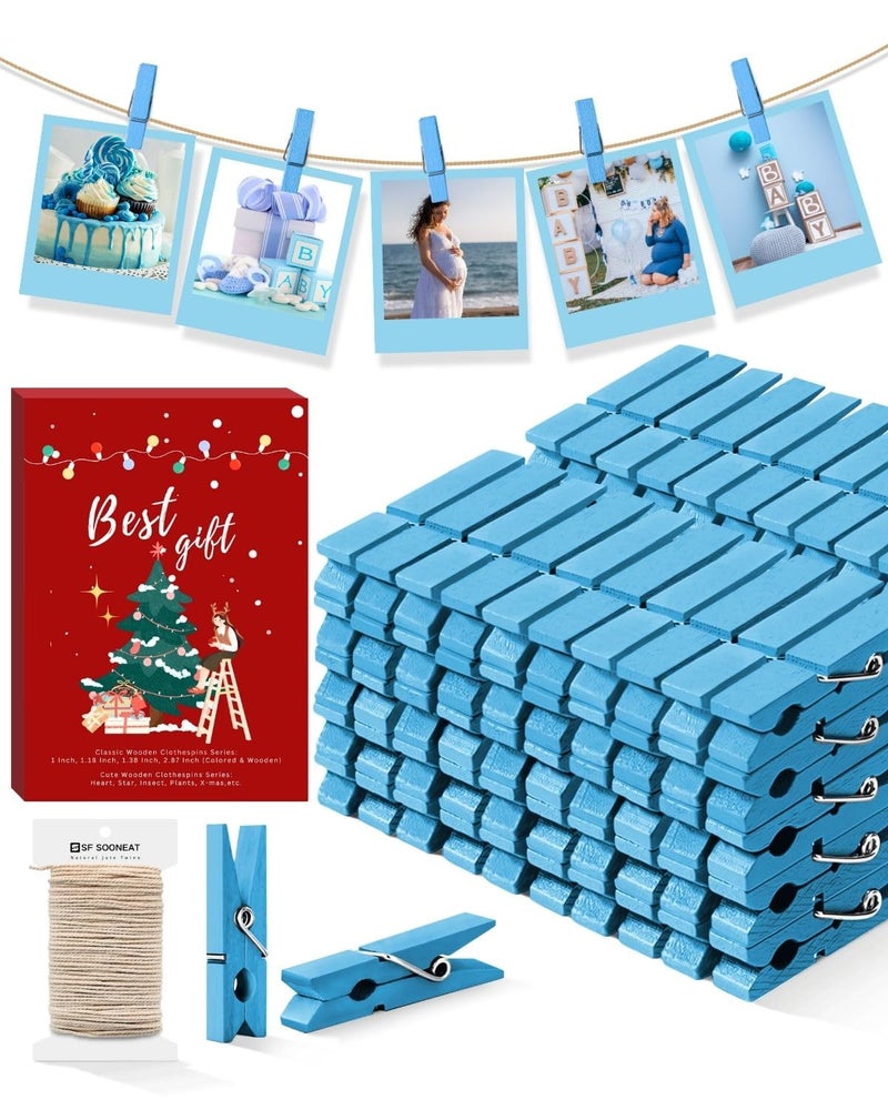 Clothes Pins Mini Clothespins Blue 100 PCS Wooden Paper Photo Clips Tiny Colored Small Clothespins for Pictures with Jute Twine Ideal for Baby Shower Crafts Home Office Decoration