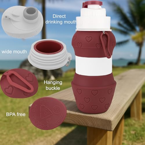 Jukusa Collapsible Silicone Water Bottle 600ml. | Double Leakproof Travel Sports Bottle with Carabiner | Wide Mouth, Anti-Germ Spout Cover, Portable for Hiking Gym Outdoor Daily Use (Red) - Image 4