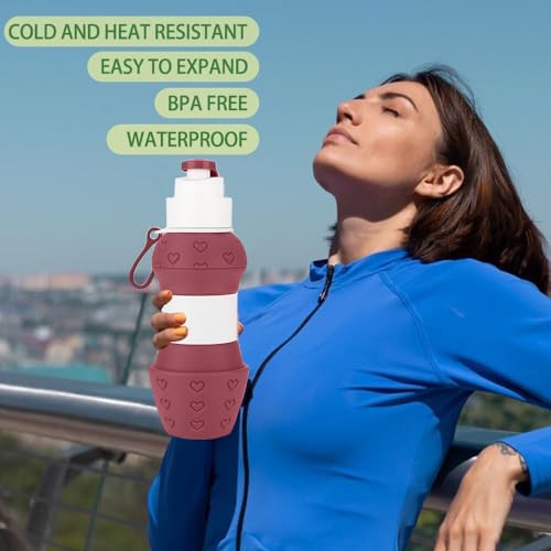 Jukusa Collapsible Silicone Water Bottle 600ml. | Double Leakproof Travel Sports Bottle with Carabiner | Wide Mouth, Anti-Germ Spout Cover, Portable for Hiking Gym Outdoor Daily Use (Red) - Image 3