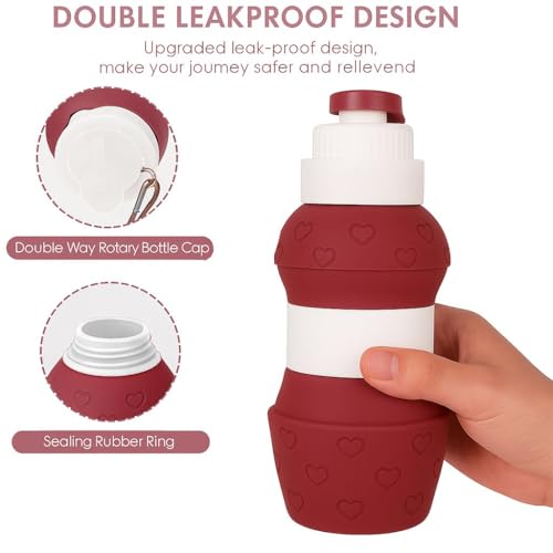 Jukusa Collapsible Silicone Water Bottle 600ml. | Double Leakproof Travel Sports Bottle with Carabiner | Wide Mouth, Anti-Germ Spout Cover, Portable for Hiking Gym Outdoor Daily Use (Red) - Image 5