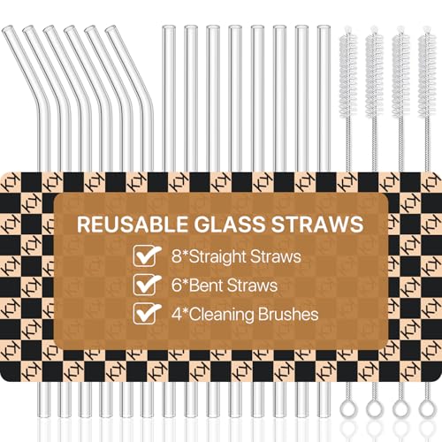 KALLAX 18-Pack Glass Straws, Reusable Clear Glass Drinking Straws Set, 8.5 Inch x 10mm - Includes 8 Straight and 6 Bent with 4 Straw Cleaner Brush, Perfect for Smoothies, Milkshakes, Juice, Tea - Image 1
