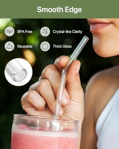 KALLAX 18-Pack Glass Straws, Reusable Clear Glass Drinking Straws Set, 8.5 Inch x 10mm - Includes 8 Straight and 6 Bent with 4 Straw Cleaner Brush, Perfect for Smoothies, Milkshakes, Juice, Tea - Image 4