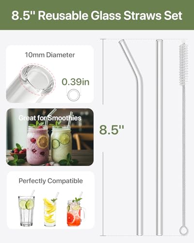 KALLAX 18-Pack Glass Straws, Reusable Clear Glass Drinking Straws Set, 8.5 Inch x 10mm - Includes 8 Straight and 6 Bent with 4 Straw Cleaner Brush, Perfect for Smoothies, Milkshakes, Juice, Tea - Image 3
