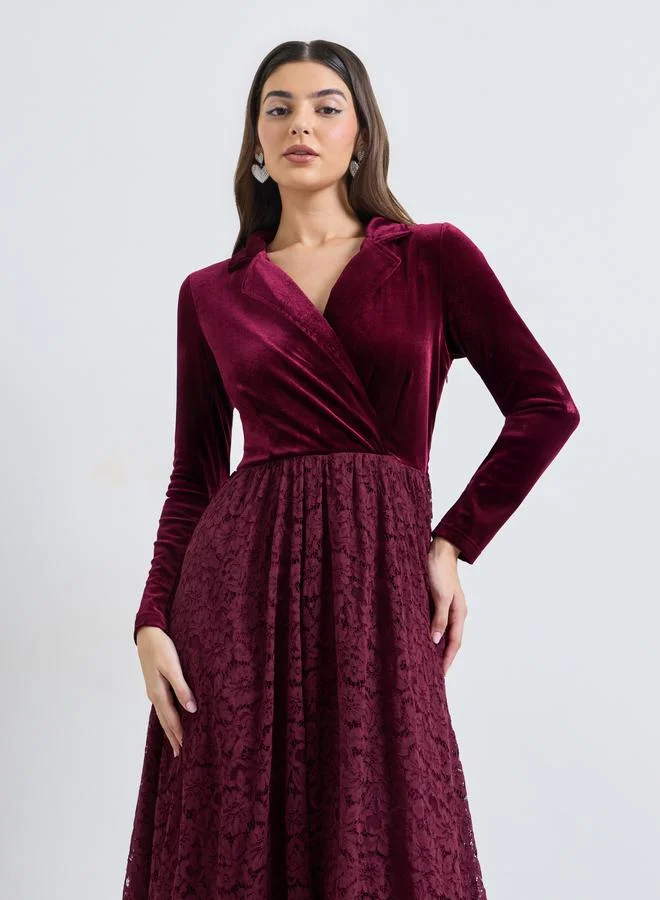 Styli Burgundy Velvet-Look Lace Overlay Maxi Dress