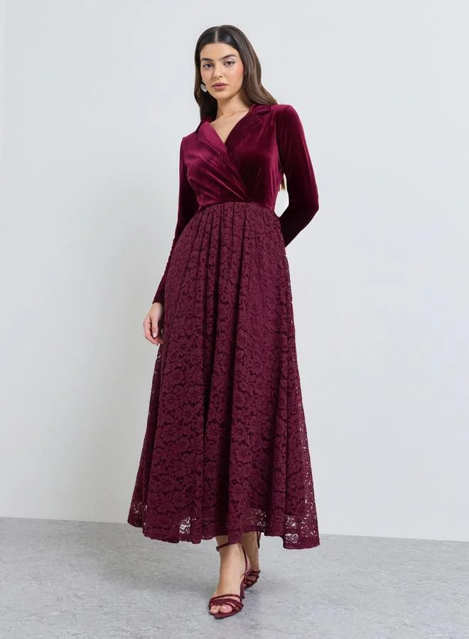 Burgundy Velvet-Look Lace Overlay Maxi Dress