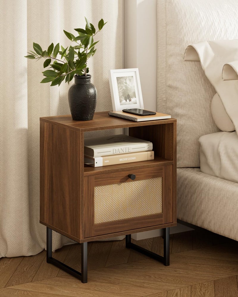 Masupu Rattan Nightstand,Modern Boho Farmhouse Wood Bedside Table with Storage Drawer and Open Shelf,Small Black Frame Side End Table for Bedroom,Living Room,Office (Walnut) - Image 1