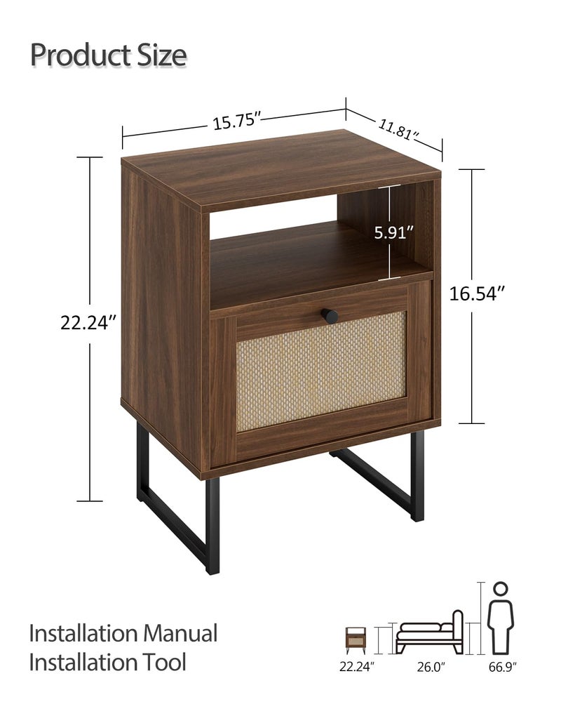 Masupu Rattan Nightstand,Modern Boho Farmhouse Wood Bedside Table with Storage Drawer and Open Shelf,Small Black Frame Side End Table for Bedroom,Living Room,Office (Walnut) - Image 3