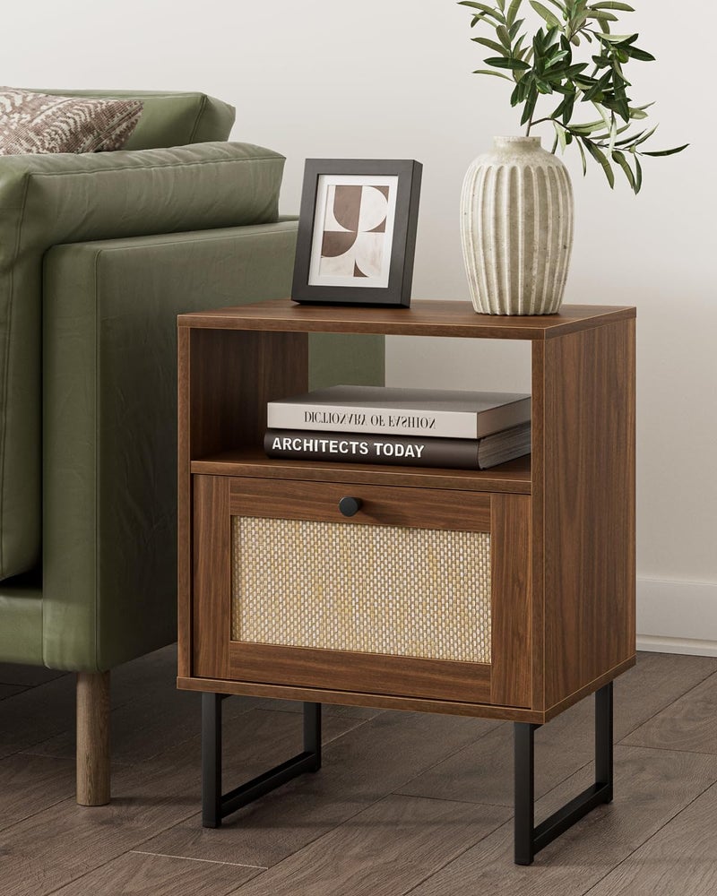 Masupu Rattan Nightstand,Modern Boho Farmhouse Wood Bedside Table with Storage Drawer and Open Shelf,Small Black Frame Side End Table for Bedroom,Living Room,Office (Walnut) - Image 4