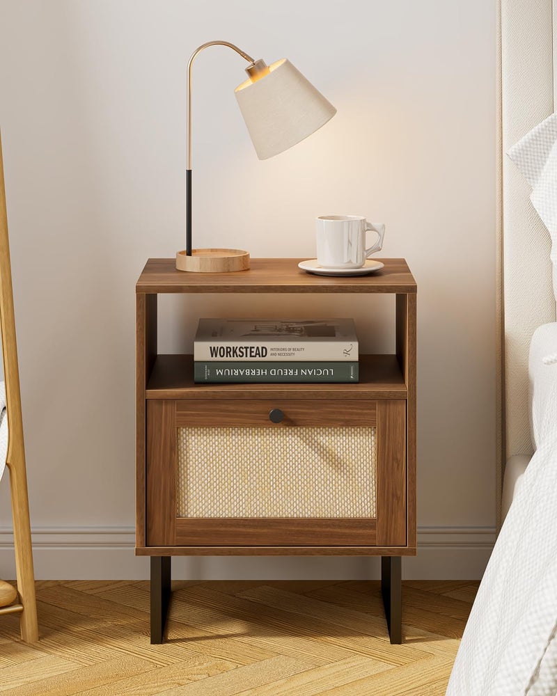 Masupu Rattan Nightstand,Modern Boho Farmhouse Wood Bedside Table with Storage Drawer and Open Shelf,Small Black Frame Side End Table for Bedroom,Living Room,Office (Walnut) - Image 2