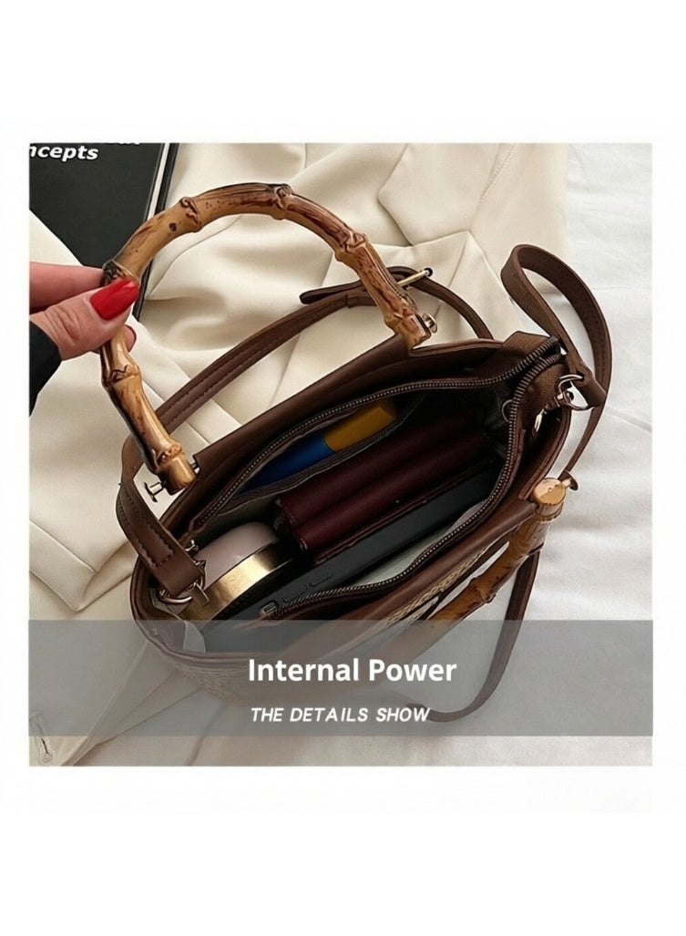 Women's Woven Straw Bucket Crossbody Bag with Bamboo Handle and Zipper Closure - Image 5