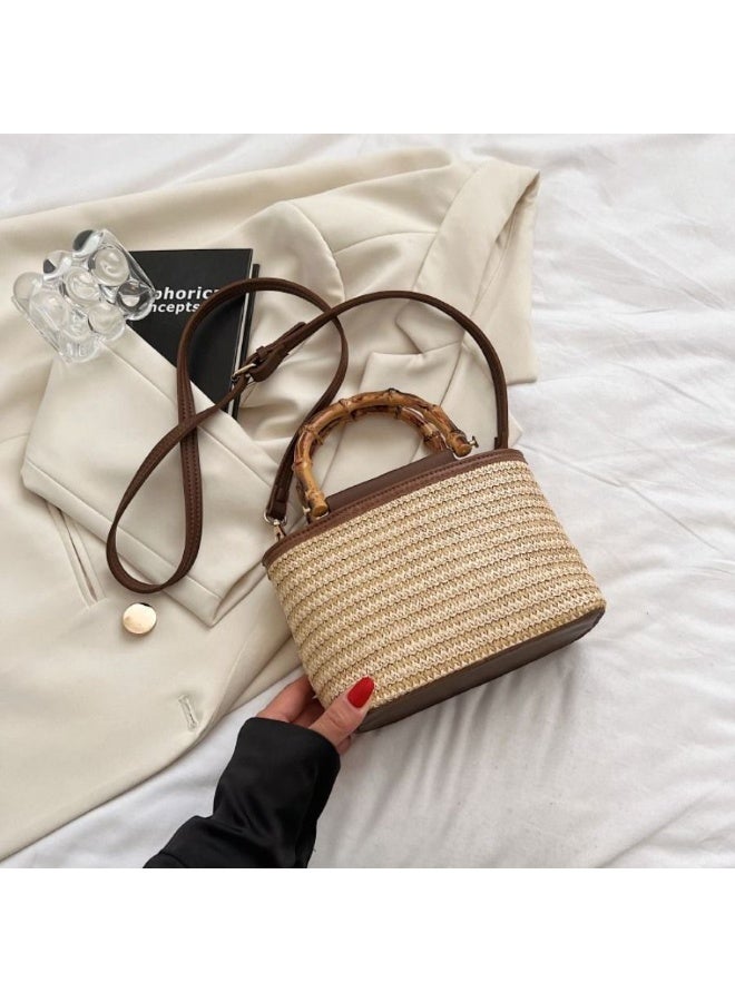 Women's Woven Straw Bucket Crossbody Bag with Bamboo Handle and Zipper Closure - Image 3