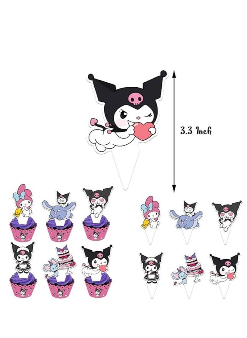 Tamona - Kuromi Birthday Party Decorations, Kids Cute Cartoon Party Supplies Include Cute Anime Kitty Kuromi Happy Birthday Banner, Swirls ,Balloons & Cupcake Toppers for Girls-46 Pcs. - Image 1