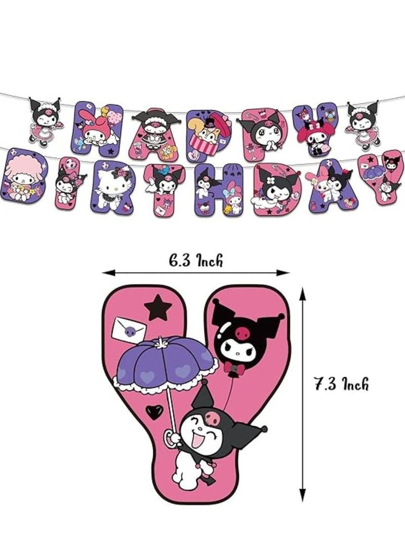 Tamona - Kuromi Birthday Party Decorations, Kids Cute Cartoon Party Supplies Include Cute Anime Kitty Kuromi Happy Birthday Banner, Swirls ,Balloons & Cupcake Toppers for Girls-46 Pcs. - Image 1