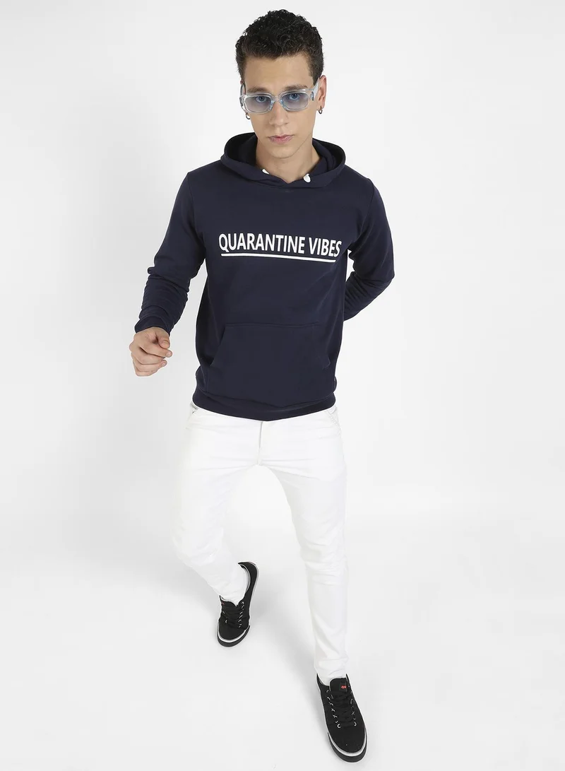 Campus Sutra Men's Navy Blue Quarantine Vibes Hoodie With Kangaroo Hoodie