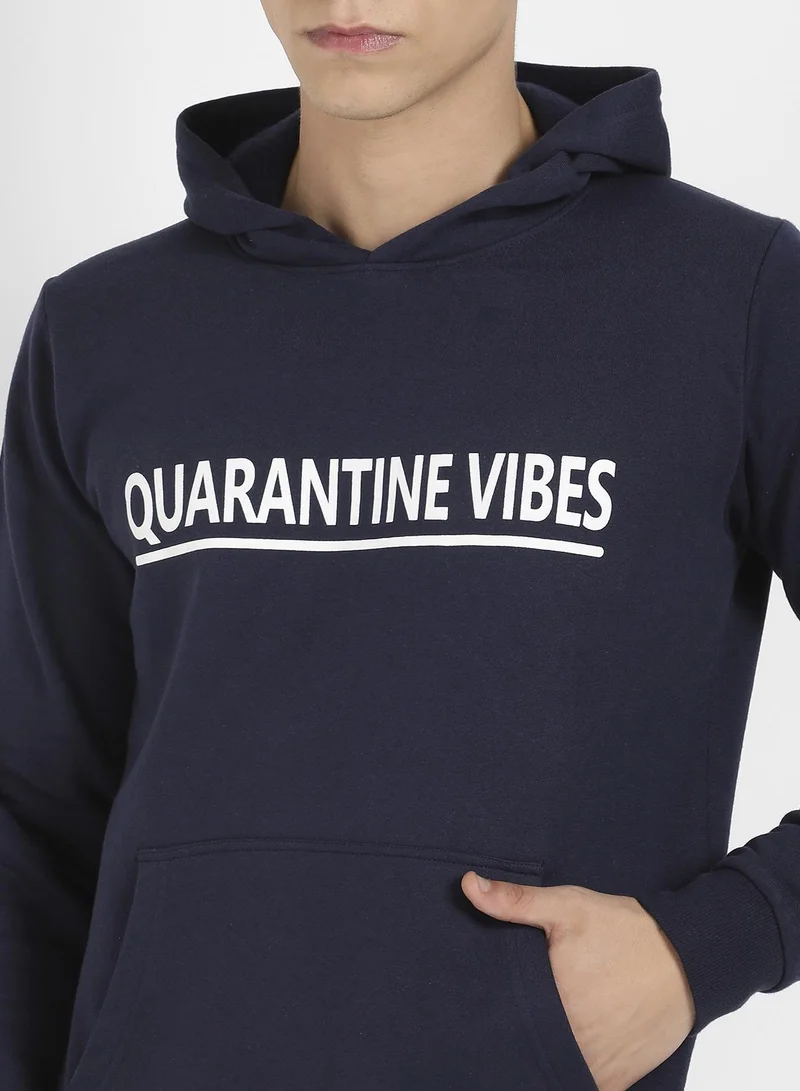 Campus Sutra Men's Navy Blue Quarantine Vibes Hoodie With Kangaroo Hoodie